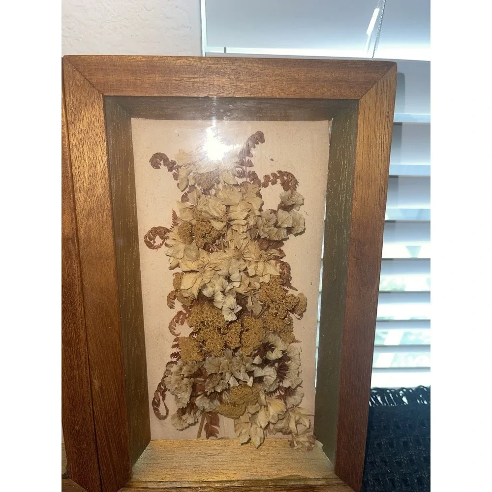 Vintage Dried Flowers Petals In Shadow Box Wood‎ Framed Wall Art Set of 2